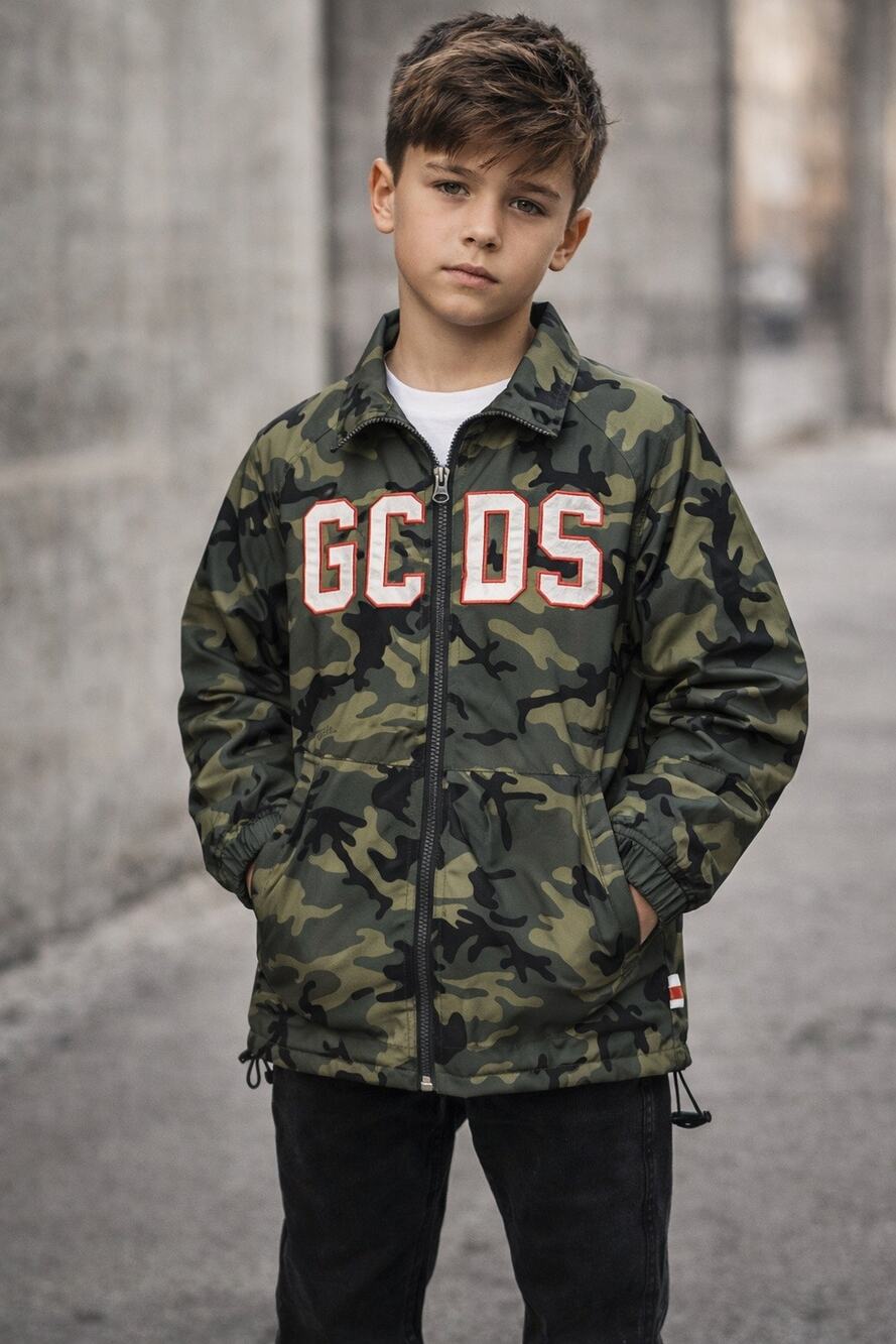 GCDS Mini Jacket Boys 12 Years Camo Full Zip Logo Streetwear Green Italy
